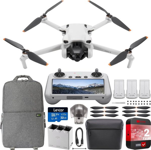 DJI Mini 3 Camera Drone Quadcopter + RC Smart Controller (with Screen) + Fly More Kit 4K Video 38min Flight Time, True Vertical Shooting Intelligent Modes Bundle w/Deco Gear Backpack Accessories