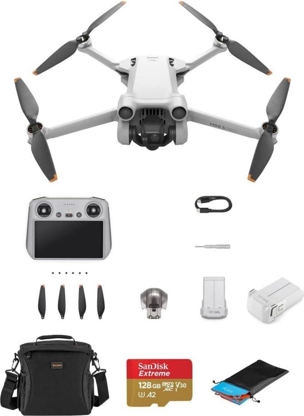 DJI Mini 3 Pro Drone with RC Remote Controller Bundle with 2453mAh Intelligent Flight Battery 128GB MicroSD Memory Card Shoulder Bag Folding Landing Pad