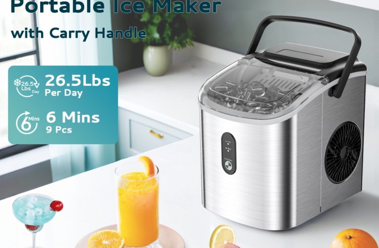 Only $57, Shop Now! Ice Maker Countertop, Portable Ice Machine with Carry Handle, 26.5lbs Per Day, 9 Cubes in 6 Mins, Auto-Cleaning, with Basket and Scoop, for Home, Kitchen, Camping, RV (Silver)