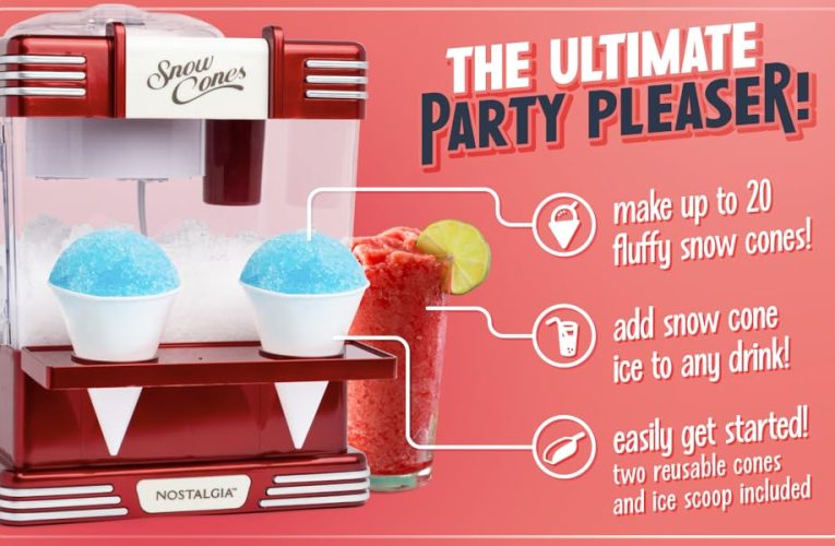 7K+ Bought in Past Month, Original price: $49, Now: $27. Snow Cone Shaved Ice Machine – Retro Table-Top Slushie Machine Makes 20 Icy Treats – Includes 2 Reusable Plastic Cups & Ice Scoop – Retro Red