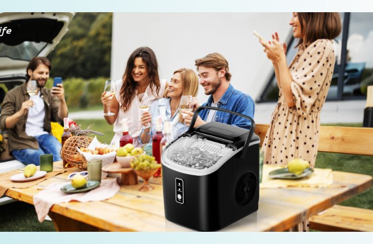 Portable Countertop Ice Maker Machine with Handle, 5K+ Bought in Past Month, Original Price: $79, Now: $57. 26.5lbs Per Day, 9 Cubes in 6 Mins, Auto-Cleaning Portable Ice Maker with Basket and Scoop, for Home / Kitchen / Camping / Party / RV (Black)