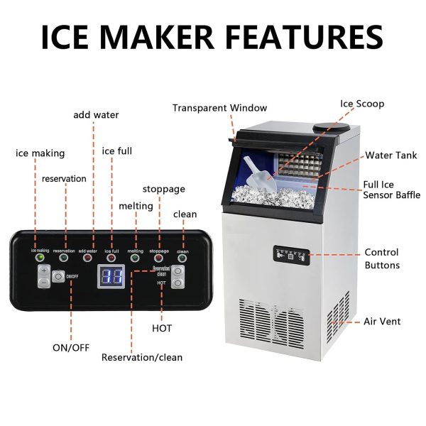 Commercial Ice Maker Machine, 400+ Bought in Past Month, Original Price: $289, Now: $177. 110LBS/24H Commercial Ice Maker Machine with 2 Water Inlets, Freestanding Ice Machine with 24lbs Storage Bin, Ice Scoop & Water Filter for Home Office Restaurant Bar - Image 3