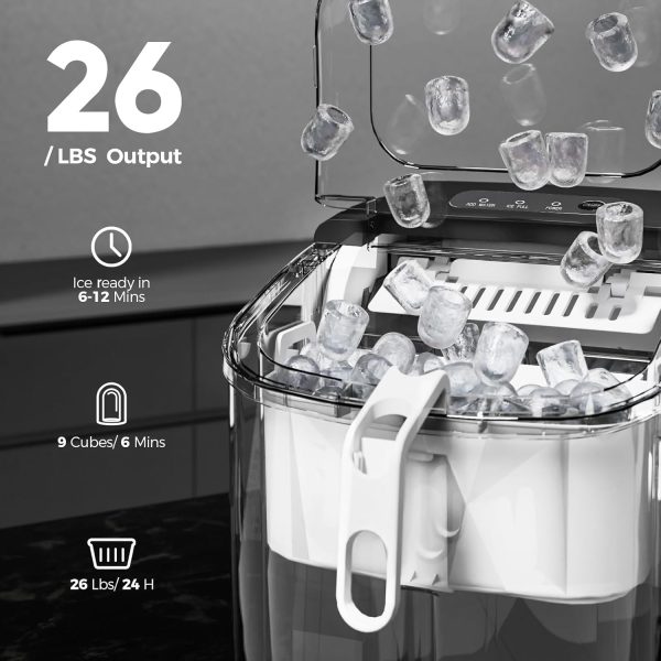 Countertop Ice Maker Machine with Handle,26Lbs/24H,9 Cubes Ready in 6 Mins,Self-Cleaning Ice Makers with Ice Bags and Scoop Basket,for Home/Office - Image 2