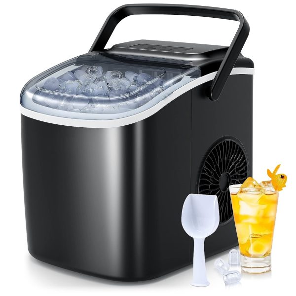 Portable Countertop Ice Maker - 9 Ice Cubes in 6 Minutes, 26 lbs Daily Output, Self-Cleaning with Ice Bags, Scoop, and Basket for Kitchen, Office, Bar, Party - Black