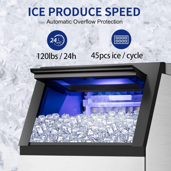 Commercial Ice Maker Machine 120Lbs/24H with 35Lbs Ice Capacity, 45Pcs Clear Ice Cubes Ready in 11-20Mins, Stainless Steel Under Counter Freestanding Large Ice Machine, 2 Water Inlet Modes - Image 2