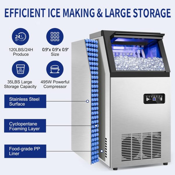 Commercial Ice Maker Machine 120Lbs/24H with 35Lbs Ice Capacity, 45Pcs Clear Ice Cubes Ready in 11-20Mins, Stainless Steel Under Counter Freestanding Large Ice Machine, 2 Water Inlet Modes - Image 4