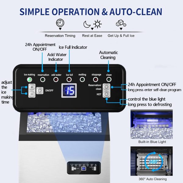 Commercial Ice Maker Machine 120Lbs/24H with 35Lbs Ice Capacity, 45Pcs Clear Ice Cubes Ready in 11-20Mins, Stainless Steel Under Counter Freestanding Large Ice Machine, 2 Water Inlet Modes - Image 6