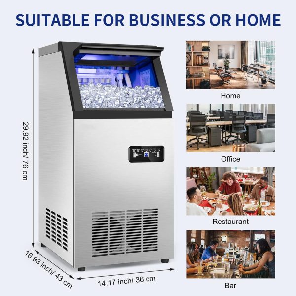 Commercial Ice Maker Machine 120Lbs/24H with 35Lbs Ice Capacity, 45Pcs Clear Ice Cubes Ready in 11-20Mins, Stainless Steel Under Counter Freestanding Large Ice Machine, 2 Water Inlet Modes - Image 7