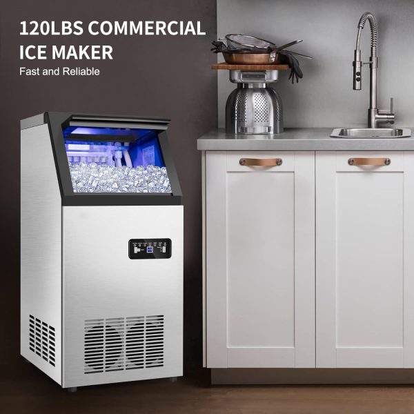 Commercial Ice Maker Machine 120Lbs/24H with 35Lbs Ice Capacity, 45Pcs Clear Ice Cubes Ready in 11-20Mins, Stainless Steel Under Counter Freestanding Large Ice Machine, 2 Water Inlet Modes - Image 8