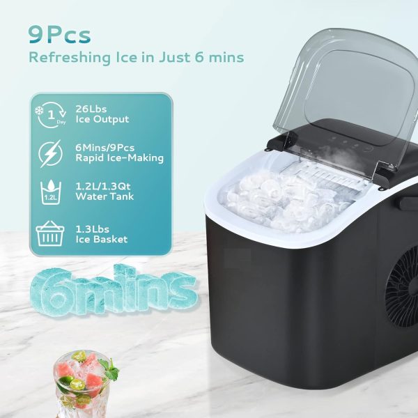 Countertop Ice Maker Machine with Handle, 10K+ Bought in Past Month, Original Price: $56, Now: $47, 26lbs in 24Hrs, 9 Ice Cubes Ready in 6 Mins, Auto-Cleaning Portable Ice Maker with Basket and Scoop, for Home/Kitchen/Camping/RV. (Black) - Image 2