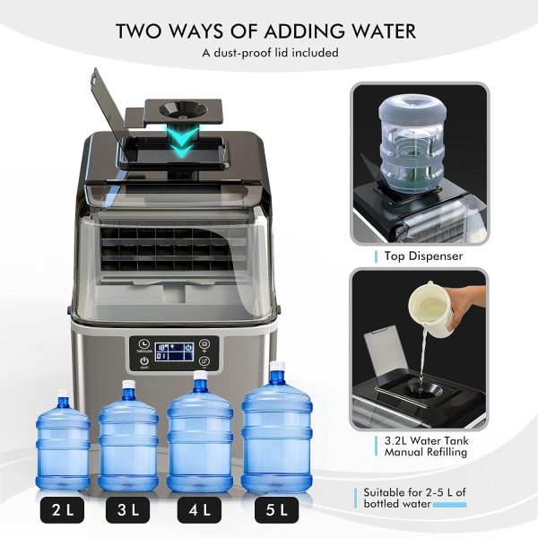 Ice Cube Maker Machine Countertop, 2 Ways to Add Water, 45Lbs/Day 24 Pcs Ready in 13 Mins, Self-Cleaning Portable Compact, with Ice Scoop & Basket, Perfect for Home/Kitchen/Office/Bar - Image 4