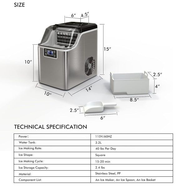 Ice Cube Maker Machine Countertop, 2 Ways to Add Water, 45Lbs/Day 24 Pcs Ready in 13 Mins, Self-Cleaning Portable Compact, with Ice Scoop & Basket, Perfect for Home/Kitchen/Office/Bar - Image 6