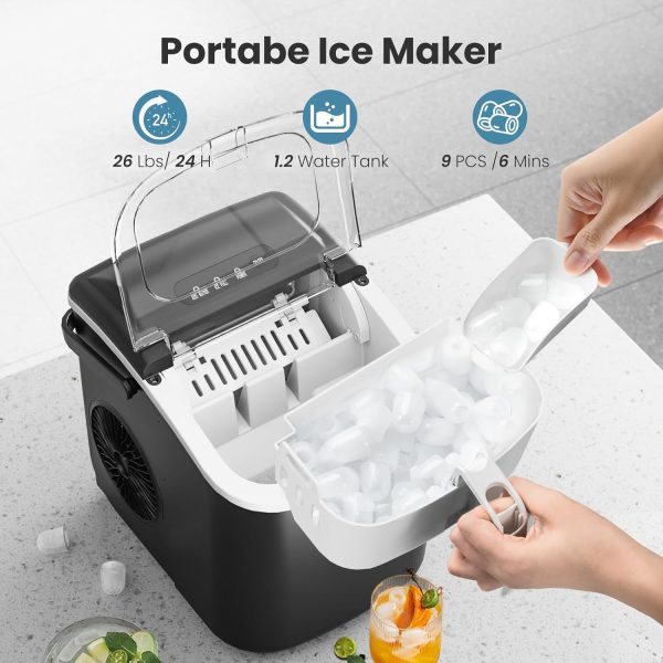 3K+ bought in past month, Ice Makers Countertop, Only $37, Shop Now! Portable Ice Maker Machine with Handle,Self-Cleaning Ice Maker, 26Lbs/24H, 9 Ice Cubes Ready in 6 Mins, with Ice Scoop and Basket, for Home / Office / Kitchen / Camping / RVs (Black) - Image 2