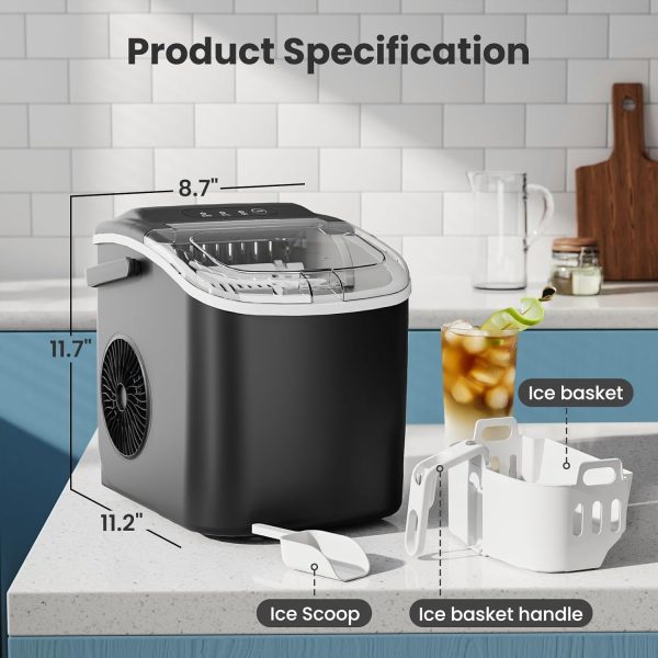 3K+ bought in past month, Ice Makers Countertop, Only $37, Shop Now! Portable Ice Maker Machine with Handle,Self-Cleaning Ice Maker, 26Lbs/24H, 9 Ice Cubes Ready in 6 Mins, with Ice Scoop and Basket, for Home / Office / Kitchen / Camping / RVs (Black) - Image 6