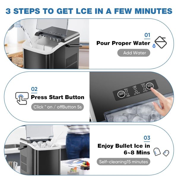 3K+ Bought in Past Month, Lowest Price Online, Only $37, Shop Now! Countertop Ice Maker Machine, Portable Self-Cleaning Ice Machine with Ice Scoop, Basket and Handle, 9 Cubes in 6 Mins, 26.5lbs/24Hrs, 2 Sizes of Bullet Ice for Home Kitchen, Coal Black - Image 4