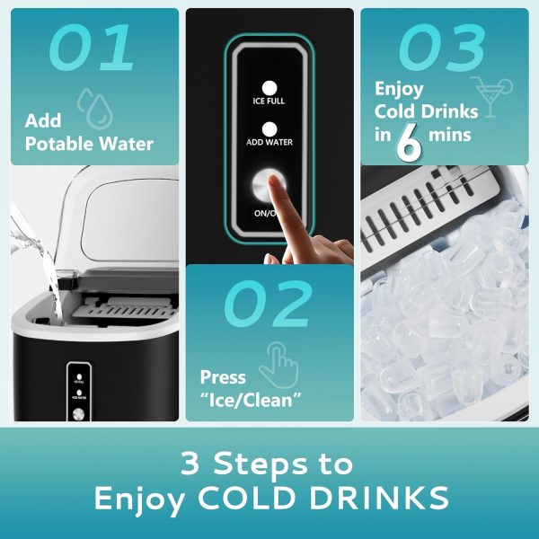 Portable Countertop Ice Maker Machine with Handle, 5K+ Bought in Past Month, Original Price: $79, Now: $57. 26.5lbs Per Day, 9 Cubes in 6 Mins, Auto-Cleaning Portable Ice Maker with Basket and Scoop, for Home / Kitchen / Camping / Party / RV (Black) - Image 6