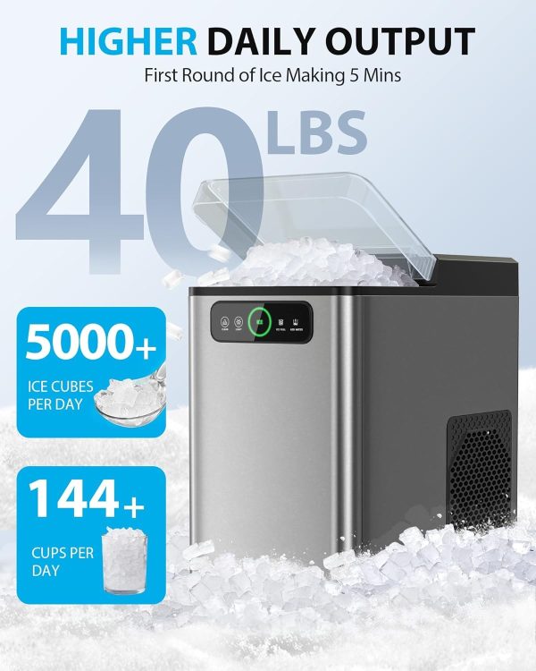 Nugget Ice Maker Countertop, Pellet Ice Machine Soft Chewable Ice 40lbs/Day, One-Click Operation, Auto Self-Cleaning Crushed Ice Makers Stainless with Scoop for Home / Kitchen / Office - Grey - Image 2