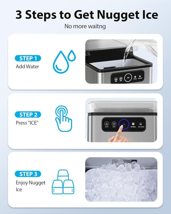 Nugget Ice Maker Countertop, Pellet Ice Machine Soft Chewable Ice 40lbs/Day, One-Click Operation, Auto Self-Cleaning Crushed Ice Makers Stainless with Scoop for Home / Kitchen / Office - Grey - Image 4