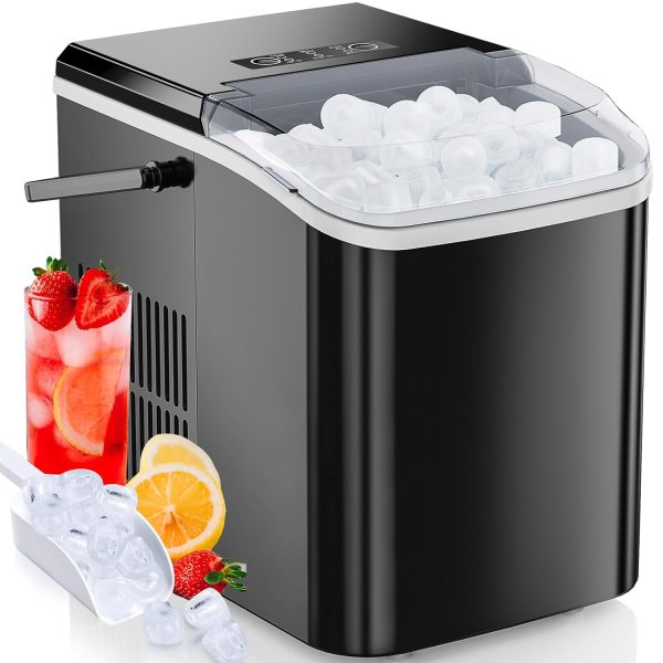 Countertop Ice Maker Machine Self-Cleaning, Fast Making 9 Ice Cubes in 6 Minutes, 26.5lbs/24Hrs, 2 Sizes Bullet Ice, Portable Ice Machine with Ice Scoop, Basket and Handle, Black