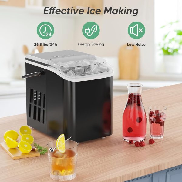 Countertop Ice Maker Machine Self-Cleaning, Fast Making 9 Ice Cubes in 6 Minutes, 26.5lbs/24Hrs, 2 Sizes Bullet Ice, Portable Ice Machine with Ice Scoop, Basket and Handle, Black - Image 2