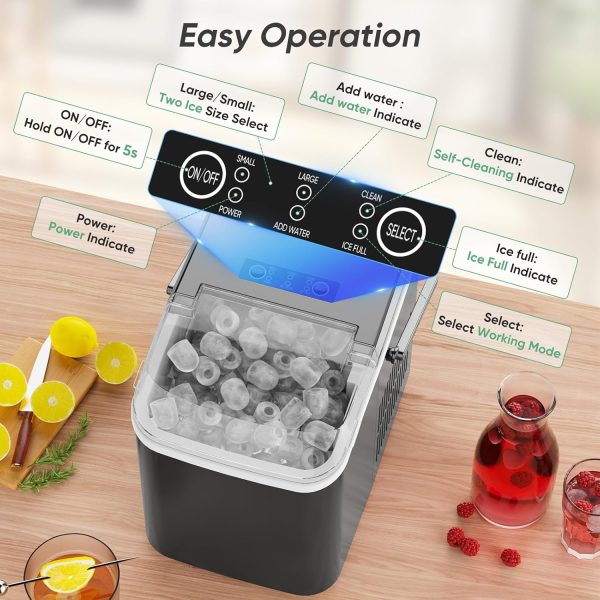 Countertop Ice Maker Machine Self-Cleaning, Fast Making 9 Ice Cubes in 6 Minutes, 26.5lbs/24Hrs, 2 Sizes Bullet Ice, Portable Ice Machine with Ice Scoop, Basket and Handle, Black - Image 3