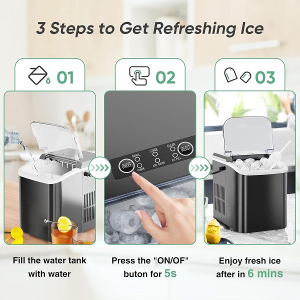 Countertop Ice Maker Machine Self-Cleaning, Fast Making 9 Ice Cubes in 6 Minutes, 26.5lbs/24Hrs, 2 Sizes Bullet Ice, Portable Ice Machine with Ice Scoop, Basket and Handle, Black - Image 4