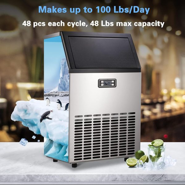 Ice Maker, Commercial Ice Machine,100Lbs/Day, Stainless Steel Ice Machine with 48 Lbs Capacity, Ideal for Restaurant, Bars, Home and Offices, Includes Scoop Silver - Image 6