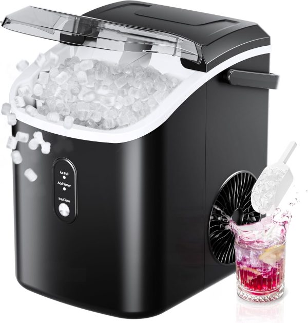 Nugget Ice Maker Countertop, 10K+ Bought in Past Month, Original Price: $142, Now: $97.  With Handle, Ready in 6 Mins, 34lbs Per Day, Removable Top Cover, Auto-Cleaning, Portable Sonic Ice Maker with Basket and Scoop, for Home/Party/RV/Camping (Black)