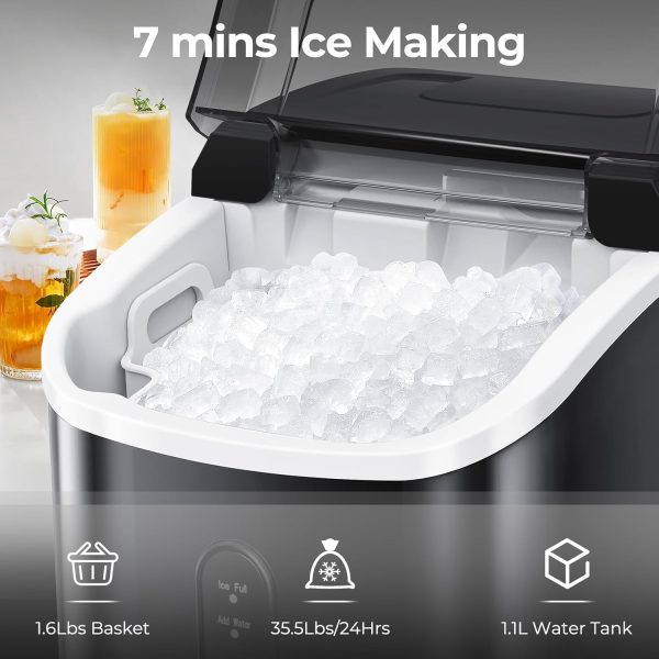 Nugget Ice Makers Countertop with Soft Chewable Pellet Ice, 7 Mins Ice Making, 35.5Lbs/24Hrs, Pebble Ice Maker Machine with Self-Cleaning/Ice Basket/Ice Scoop for Home/Office/Bar, Black - Image 2