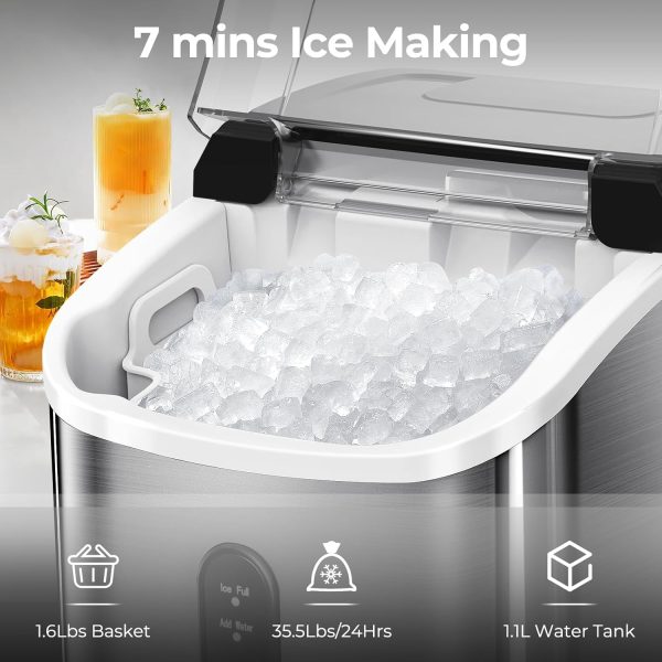 Nugget Ice Makers Countertop with Soft Chewable Pellet Ice, 7 Mins Ice Making, 35.5Lbs/24Hrs, Pebble Ice Maker Machine with Self-Cleaning/Ice Basket/Ice Scoop for Home/Office/Bar, Silver - Image 2