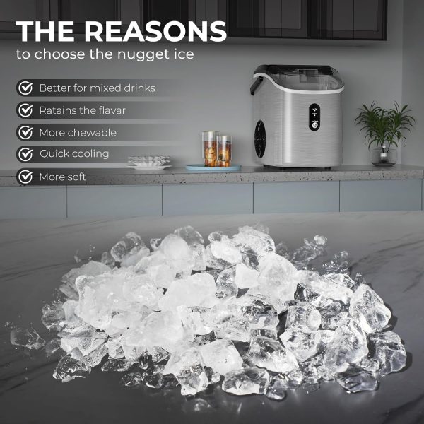 Nugget Ice Makers Countertop with Soft Chewable Pellet Ice, 7 Mins Ice Making, 35.5Lbs/24Hrs, Pebble Ice Maker Machine with Self-Cleaning/Ice Basket/Ice Scoop for Home/Office/Bar, Silver - Image 5