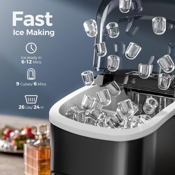 Ice Makers Countertop, 26Lbs/24H, 9 Cubes in 6 Mins, Portable Ice Maker Machine with Self-Cleaning, 2 Sizes of Bullet Ice, Perfect for Home Kitchen - Black - Image 2