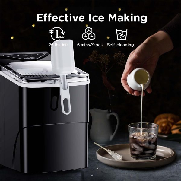 Countertop Ice Maker, 7K+ Bought in Past Month, Original Price: $79, Now: $57. 9 Ice Cubes in 6 Mins, 26 Lbs in 24 Hrs, Compact Ice Machine with Ice Basket & Scoop, 2 Ice Sizes, Self-Cleaning Ice Maker for Home / Party / Office / Bar / Dorm, Black - Image 2