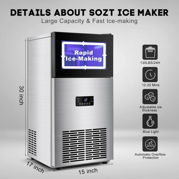 300+ Bought in Past Month, Original Price: $499, Now: $277, Commercial Ice Maker Machine 130LBS/24H with 35LBS Storage Bin, Stainless Steel Undercounter/Freestanding Ice Cube Maker for Home Bar Outdoor, Automatic Operation, Include Scoop, Connection Hose - Image 2