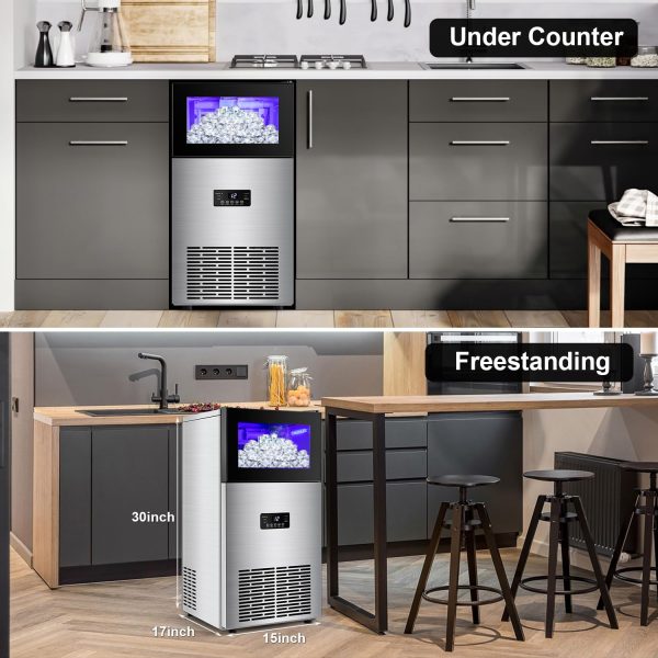 300+ Bought in Past Month, Original Price: $499, Now: $277, Commercial Ice Maker Machine 130LBS/24H with 35LBS Storage Bin, Stainless Steel Undercounter/Freestanding Ice Cube Maker for Home Bar Outdoor, Automatic Operation, Include Scoop, Connection Hose - Image 6