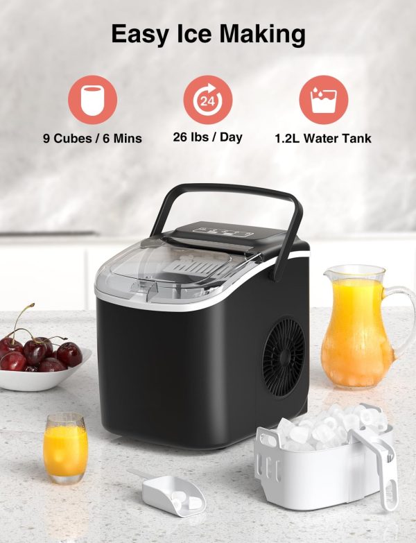 Ice Maker Countertop, Portable Self-Cleaning Ice Maker Machine with Handle, Scoop and Basket, 9 Bullet Ice Cubes in 6 Mins, 26lbs/24H, Ideal for Home, Kitchen, Office, Bar, Party - Image 3