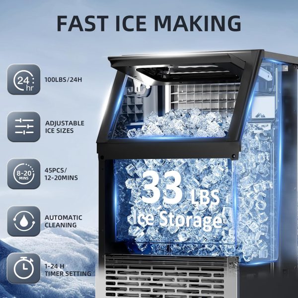 Commercial Ice Makers Machine Stainless Steel Makers 100 Lbs of Ice Per 24H with 33 Pounds Storage Capacity Ice Cubes Freestanding Party / Bar / Restaurant Scoop Connection Hose - Silver - Image 2