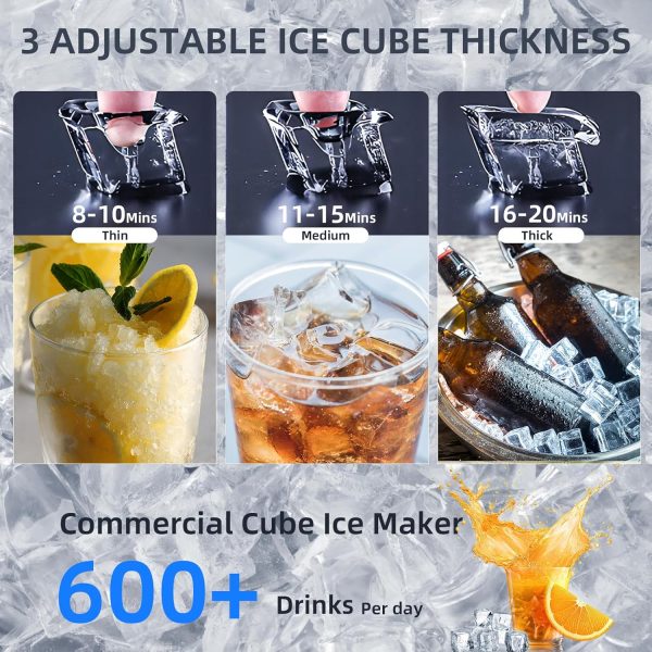 Commercial Ice Makers Machine Stainless Steel Makers 100 Lbs of Ice Per 24H with 33 Pounds Storage Capacity Ice Cubes Freestanding Party / Bar / Restaurant Scoop Connection Hose - Silver - Image 4