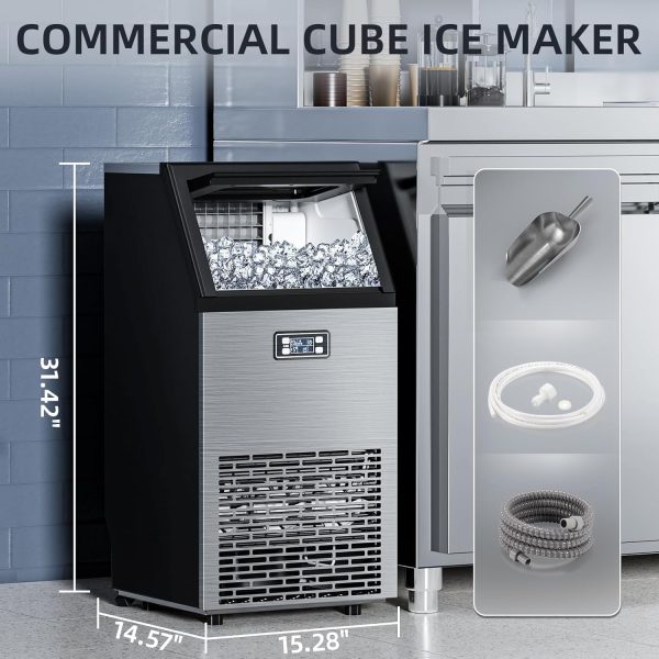 Commercial Ice Makers Machine Stainless Steel Makers 100 Lbs of Ice Per 24H with 33 Pounds Storage Capacity Ice Cubes Freestanding Party / Bar / Restaurant Scoop Connection Hose - Silver - Image 5