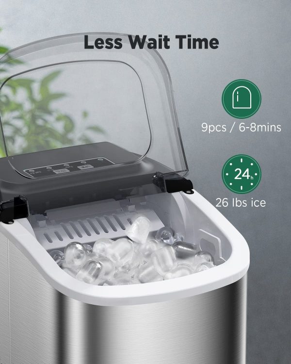 Portable Ice Makers Countertop, 2K+ Bought in Past Month, Original Price: $67, Now: $47, With Self-Cleaning 9 Cubes Ready in 6 Mins 26Lbs/24H 2 Sizes of Bullet Ice, Ice Machine for Home Kitchen and Office Bar Party, Stainless Steel - Image 3