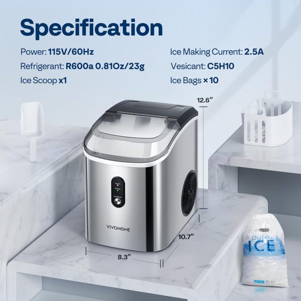 Portable Nugget Ice Cube Maker Machine, 3K+ Bought in Past Month, Original Price: $229, Now: $137, Electric Portable Compact Countertop Automatic Chewable Nugget Ice Cube Maker Machine with Hand Scoop 10 Ice Bags and Self Cleaning Function 33lbs/Day Silver - Image 7