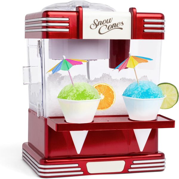 7K+ Bought in Past Month, Original price: $49, Now: $27.  Snow Cone Shaved Ice Machine - Retro Table-Top Slushie Machine Makes 20 Icy Treats - Includes 2 Reusable Plastic Cups & Ice Scoop - Retro Red