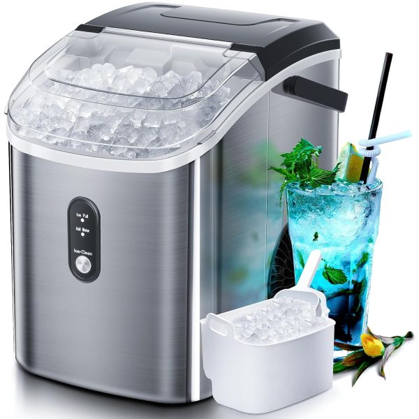 Nugget Countertop Ice Maker with Soft Chewable Ice, 34Lbs/24H, Pebble Portable Ice Machine with Ice Scoop, Self-Cleaning, One-Click Operation, for Kitchen,Office Stainless Steel Silver