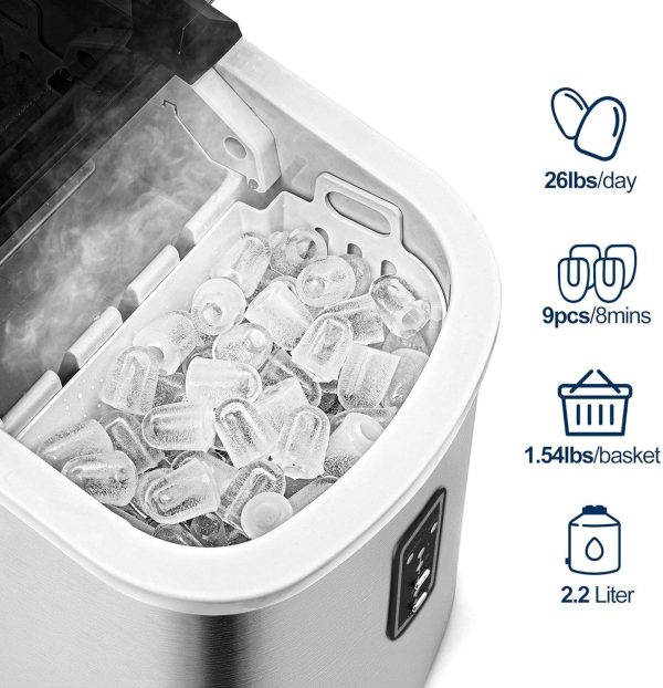 Ice Maker Countertop Machine - 26 lbs in 24 Hours, 9 Cubes Ready in 8 Mins, Electric Ice Maker and Compact Portable Ice Maker with Ice Scoop and Basket, Perfect for Home/ Kitchen / Office - Sliver - Image 2