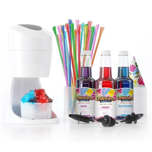 10K+ Bought in Past Month, Original price: $59, Now: $42.  Shaved Ice Maker Kit - Home Snow-Like Dessert Machine for Kids with Cherry, Grape, Blue Raspberry Syrups - 25 Cups, Spoon Straws & Bottle Pourers - Silky Smooth Frozen Treat System