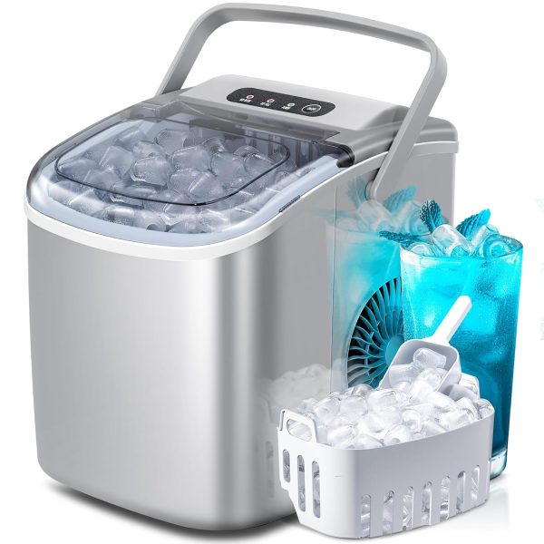 Portable Countertop Ice Maker Machine , 3K+ Bought in Past Month, Original Price: $39, Now: $33, With Handle, 9 Bullet-Shaped Ice Cubes Ready in 6 Mins, 26Lbs/24H, Self-Cleaning Function with Ice Scoop and Basket for Home/Kitchen/Party (Grey)